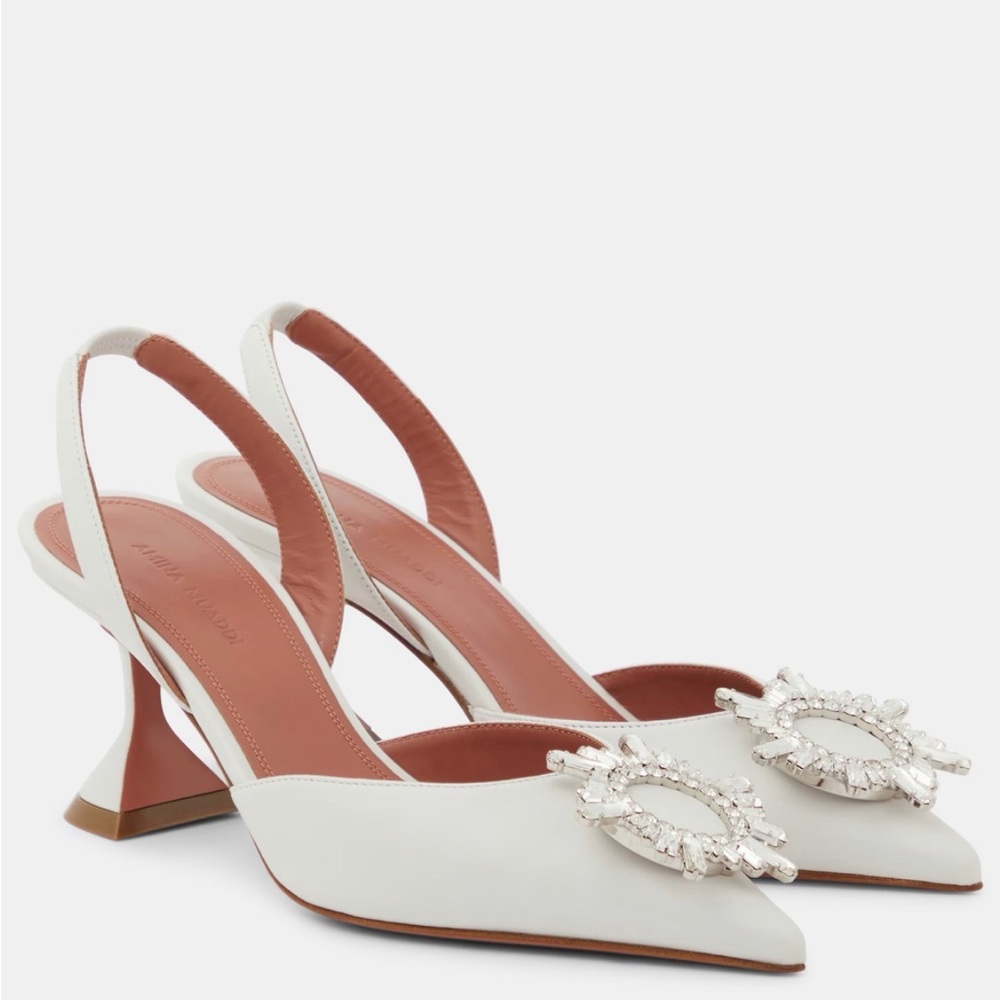 Amina Muaddi White Crystal-Embellished Slingback Pumps